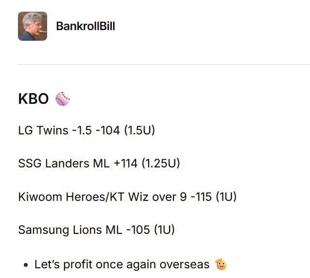 allcappersfreee's tweet photo. KBO PLAYS⚾️‼️
#Bankrollbill
#Dirtybubblebets
#Kimsvip
More to come soon🥂💎 https://t.co/VcN1srxOBM
