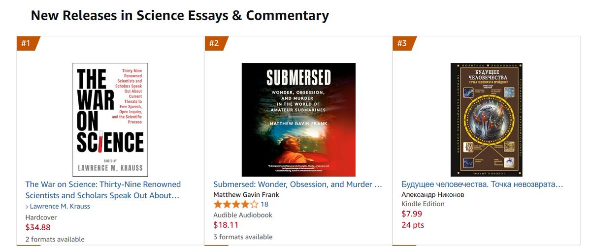 Great to see that "The War on Science" is the #1 new release in science and essays and commentary in both hardcover and Kindle.