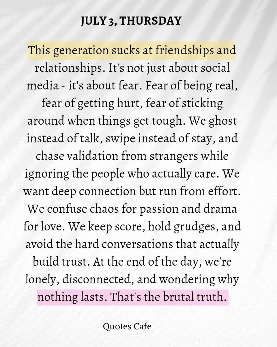 MPHickie's tweet image. A message for today … This generation struggles with real connection. Fear of vulnerability, effort &amp;amp; discomfort. We ghost instead of talk, swipe instead of stay &amp;amp; crave connection while running from the work needed. The result? Loneliness masked by noise. #ConnectionMatters 👇