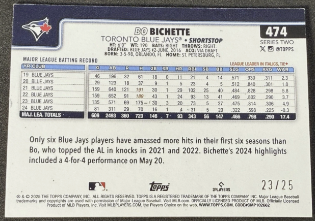 Final card for a while now... got a tiny bit of a deal on this one... Bo Bichette 2025 Topps Series 2 Wood SSP #d 23/25! <a href="/CardPurchaser/">Card Purchaser</a> <a href="/CardsCottage/">CottageCountryCards</a> <a href="/zesty_mate/">Sarah Garrett</a>