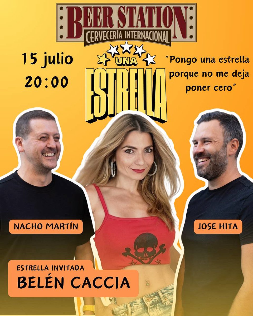 🎤 Este 15 de julio grabamos Una Estrella en directo con <a href="/BelenCaccia/">Belén Caccia</a> en <a href="/BeerStationMad/">Beer Station</a> 

Risas aseguradas, reseñas absurdas y buen ambiente 🍻✨

🎟️ Consigue tu entrada antes de que se agoten:
👉 atrapalo.com/entradas/una-e…

#Humor #Comedia #Madrid #PodcastEnVivo #StandUp