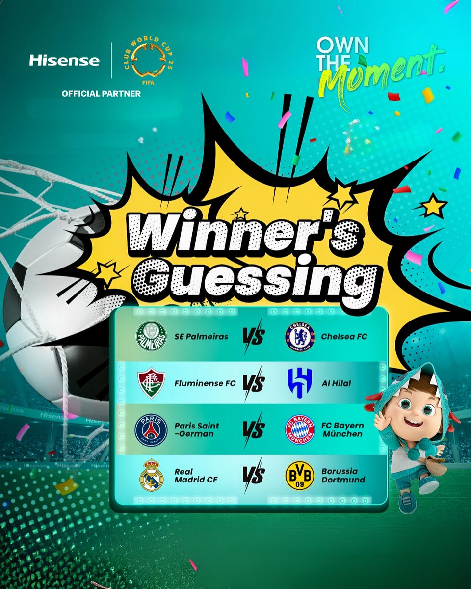 TEBAK PREDIKSI SKOR!
⭐ SE Palmeiras vs Chelsea FC
⭐ Fluminense FC vs Al Hilal
⭐ Paris Saint-German vs FC Bayern München
⭐ Real Madrid CF vs Borussia Dortmund

Kira-kira siapa  yang akan memenangkan laga bergengsi ini?🏆 

#Hisense #Teknologi #Kualitas #FCWC2025 #OwnTheMoment