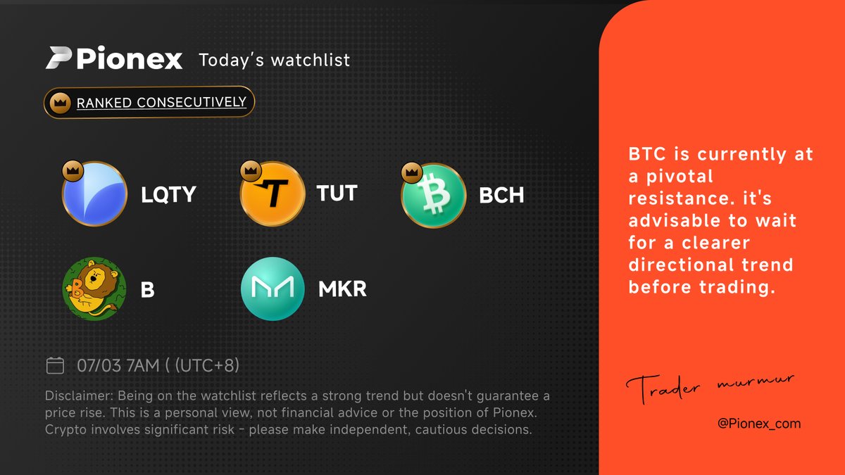📅 7/3 Watchlist
🏯 $LQTY, $TUT, $BCH, $B, $MKR  on our radar today!

💡Friendly Reminder:
The selected coins aren't guaranteed to rise — they just show stronger upward momentum and lower downside risk

#LQTY #TUT #BCH #B #MKR #Pionex