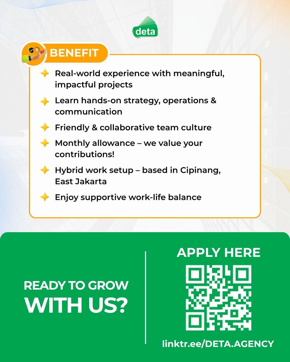 #InternshipVacancy PT Deta Graha Mulya

PT Deta Graha Mulya  is open for Internship. 

For more information go to this link: cdc.ui.ac.id/pt-deta-graha-…

#infomagang #lowonganmagang