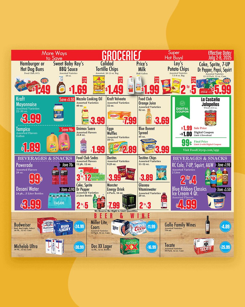 FoodCityEP's tweet photo. This Week’s Specials are fired up for the Fourth! 🇺🇸

Stock  up, fire up the grill, and let freedom (and flavor) ring! 🎆 

Swipe to see all this week’s explosive deals, or visit: https://t.co/2PA4Tmm6eE

📲  Get the app for extra savings: https://t.co/XrWtDuZ9Y2 https://t.co/X8Ge68xzIP