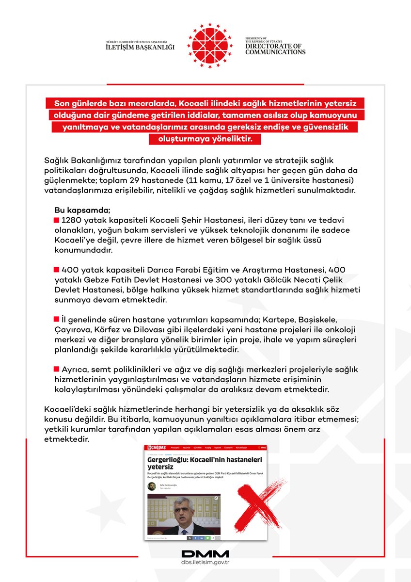 Son günlerde bazı mecralarda, Kocaeli ilindeki sağlık hizmetlerinin yetersiz olduğuna dair gündeme getirilen iddialar, tamamen asılsız olup kamuoyunu yanıltmaya ve vatandaşlarımız arasında gereksiz endişe ve güvensizlik oluşturmaya yöneliktir.

Sağlık Bakanlığımız tarafından