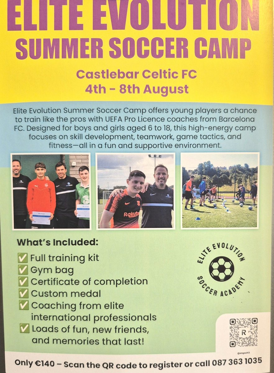 Elite Evolution Football Academy Summer Camp at Castlebar Celtic!
Get ready for a week of top-level training, fun, and football development at the Elite Evolution Summer Camp

📅 Dates: 4th – 8th August
📍 Celtic Park
📝 Register Now 
🚫 Closing Date for bookings 25th July
