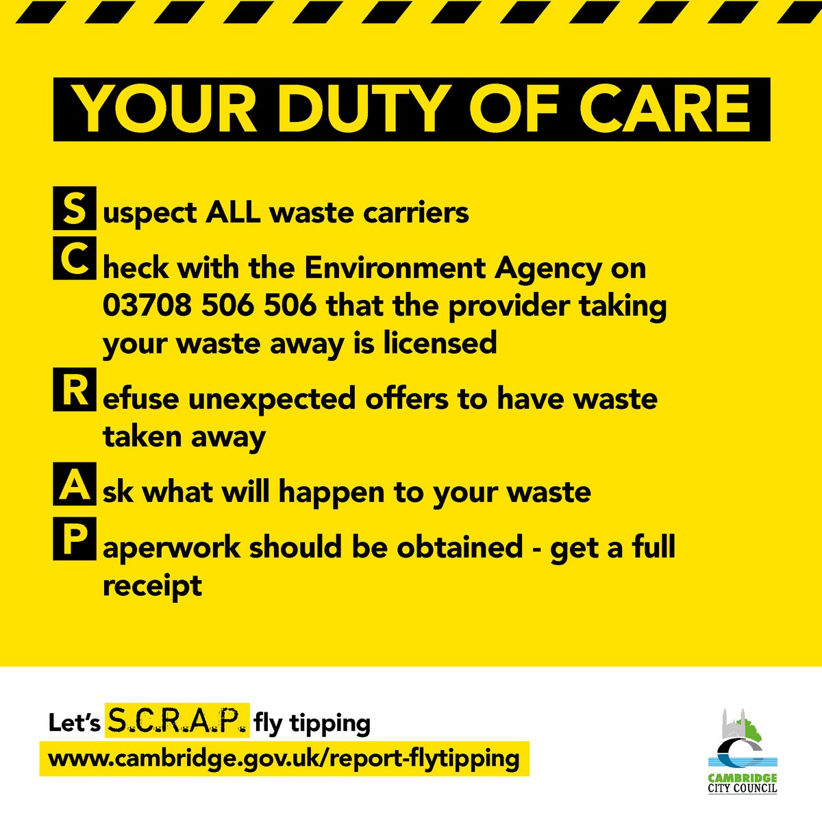 The #SCRAPflytipping code goes through all the reasonable steps you should be taking when disposing of your waste. ♻️

You have a duty of care to make sure your waste is disposed of responsibly.

For more on how to responsibly dispose of waste, visit: orlo.uk/Al41K