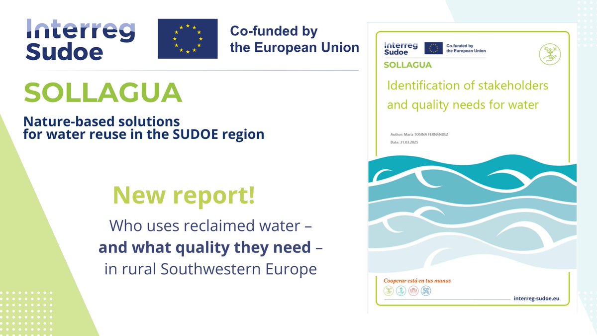 CTA | Technological Corporation of Andalusia (@ctandaluciaeng) on Twitter photo 🌍 Who needs reclaimed water, and for what?
Our #EUproject <a href="/SOLLAGUAproject/">SOLLAGUA - Interreg SUDOE</a> presents a new report identifying key users and water quality needs in France, Spain, and Portugal — a valuable resource for anyone working on fit-for-purpose water reuse.🌊
👀 Discover the insights 👉 🌍 Who needs reclaimed water, and for what?
Our #EUproject <a href="/SOLLAGUAproject/">SOLLAGUA - Interreg SUDOE</a> presents a new report identifying key users and water quality needs in France, Spain, and Portugal — a valuable resource for anyone working on fit-for-purpose water reuse.🌊
👀 Discover the insights 👉