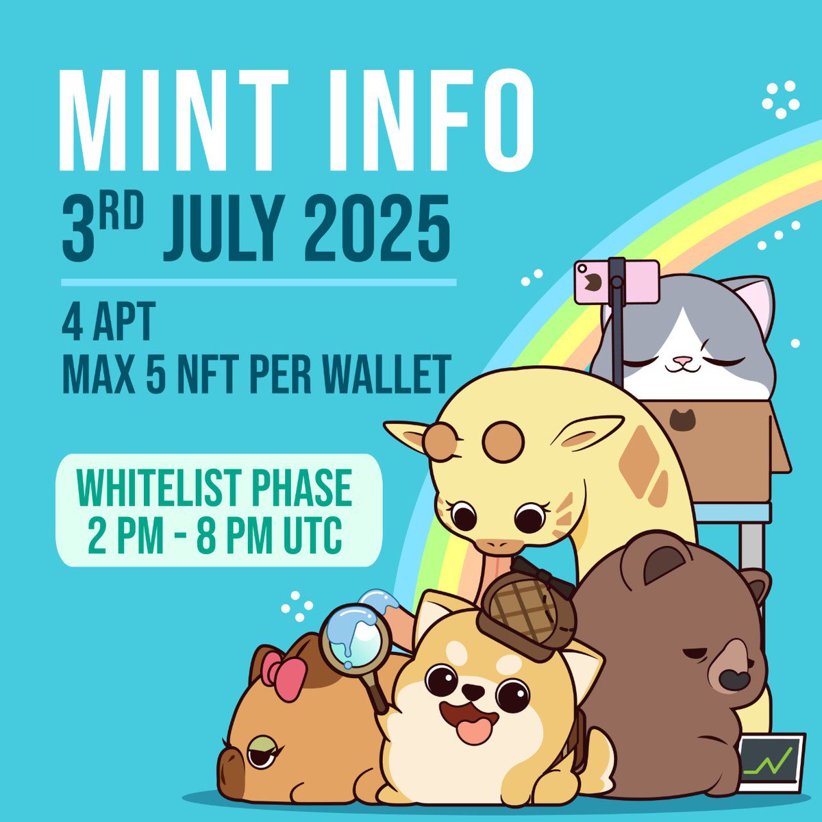 The moment you’ve been waiting for is HERE —
Tama-Tama Friends Mint goes LIVE

Date: July 3, 2025
Price: 4 APT 
Max Mint: 5 NFTs per wallet
Whitelist Phase: 2 PM - 8 PM UTC

SPECIAL REWARD FOR TRUE TAMA CHAMPIONS 
Mint all 5 main cast: to unlock an exclusive mystery prize!