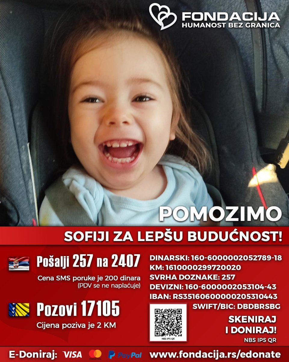 Sofija (2023.) ima epilepsiju, ozbiljno oštećenje kortikalnog razvoja, hemimegalencefaliju desne moždane hemisfere i cerebralnu paralizu.

Pomozimo!

🇷🇸  Pošalji SMS: 257 na 2407
🇧🇦  Pozovi: 17105

Skeniraj QR kod!

E-Doniraj - VISA, MasterCard, PayPal:
fondacija.rs/korisnik/472/p…
