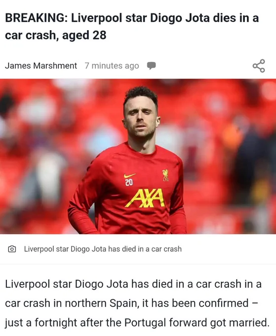 🚨 BREAKING : Tragico incidente: il calciatore Diogo Jota, stella del Liverpool e della nazionale portoghese, muore a 28 anni in un incidente stradale in Spagna, a soli cinque giorni dal matrimonio.