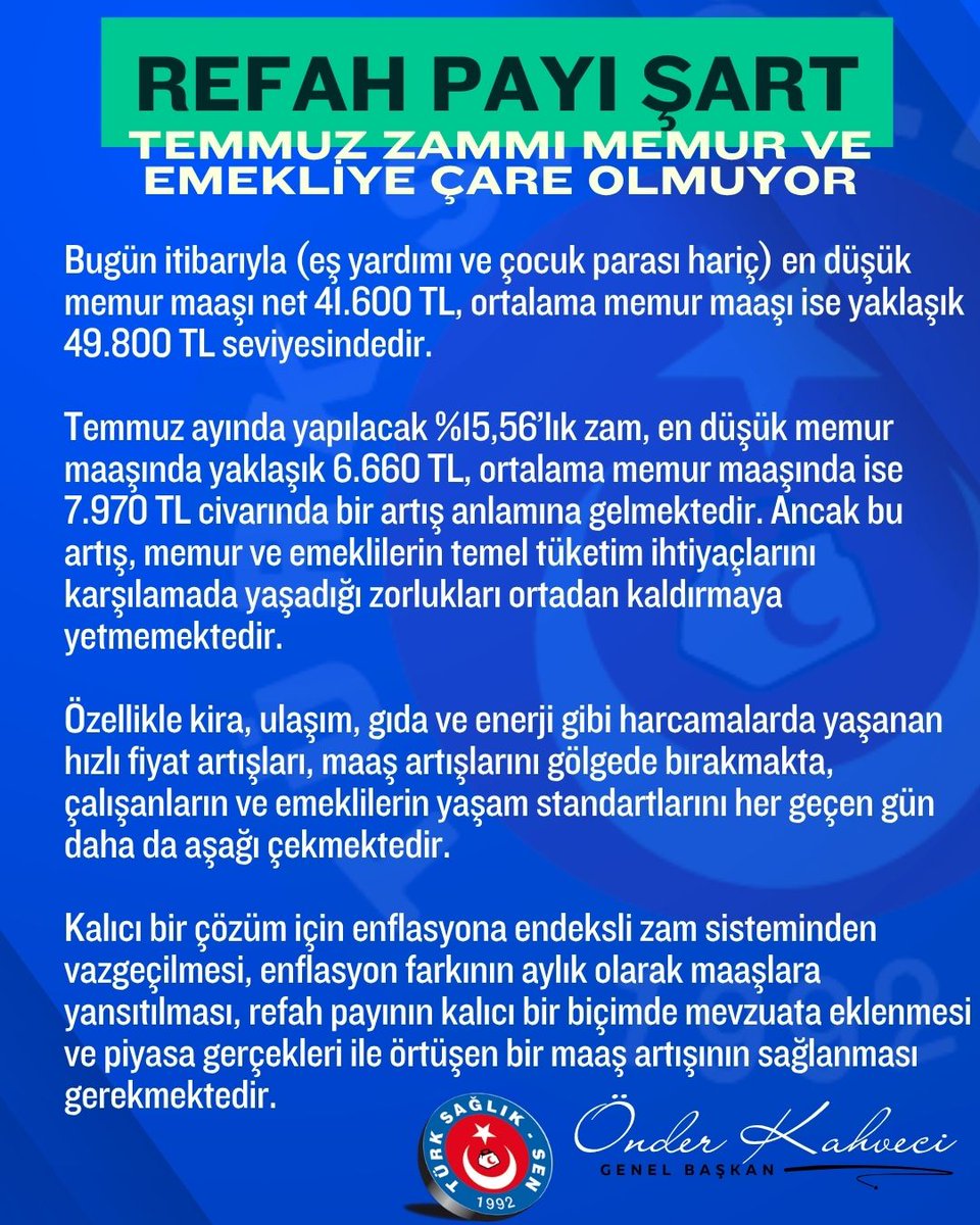 Kalıcı bir çözüm için 
👉Refah payı şart 
👉Enflasyon farkı aylık yansıtılmalı
👉Piyasa gerçekleri ile örtüşen bir maaş artışı sağlanmalı
#Memur