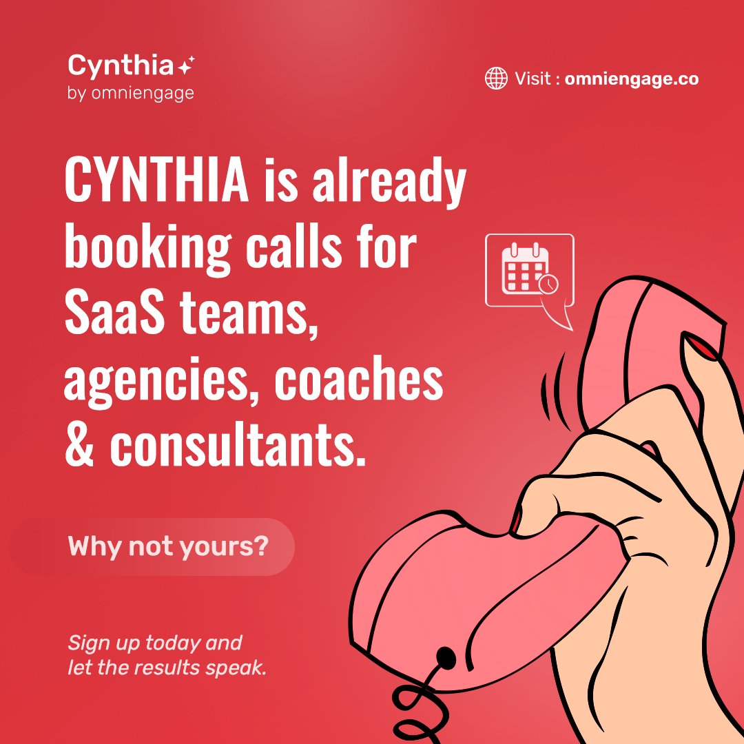 Omniengageco's tweet image. CYNTHIA isn’t a concept. She’s already out there, booking calls for agencies, SaaS teams, and consultants- on autopilot. 💼

Why should your leads wait?

⚡Activate your AI Sales Agent today and watch the pipeline grow.
Link in comments.

#AISalesAgent #Cynthia #SmartOutbound…