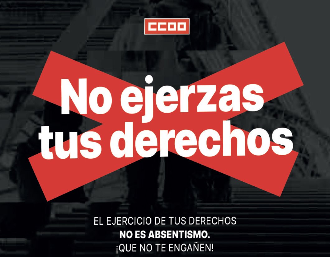 COMISIONES OBRERAS (@ccoo) on Twitter photo #DerechoNOESabsentismo
Hoy jueves, a partir de las 11:00, el secretario general de CCOO, <a href="/UnaiSordo/">Unai Sordo</a>; junto a <a href="/msanzlubeiro/">Mariano Sanz</a> , secretario confederal de <a href="/SaludLab_CCOO/">Salud Laboral CCOO</a> y <a href="/ecoccoo/">CCOO-Medio Ambiente</a> , presentan una campaña sobre absentismo en España
EL EJERCICIO DE DERECHOS NO ES ABSENTISMO
En #DerechoNOESabsentismo
Hoy jueves, a partir de las 11:00, el secretario general de CCOO, <a href="/UnaiSordo/">Unai Sordo</a>; junto a <a href="/msanzlubeiro/">Mariano Sanz</a> , secretario confederal de <a href="/SaludLab_CCOO/">Salud Laboral CCOO</a> y <a href="/ecoccoo/">CCOO-Medio Ambiente</a> , presentan una campaña sobre absentismo en España
EL EJERCICIO DE DERECHOS NO ES ABSENTISMO
En