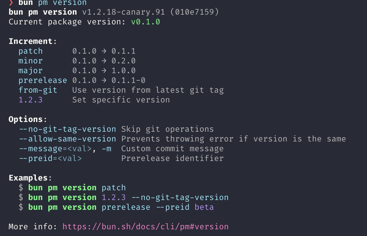 bunjavascript's tweet photo. In the next version of Bun

`bun pm version <major|minor|patch|prerelease|from-git|>`  lets you bump or read the current package's version https://t.co/6NdBLSnFiw
