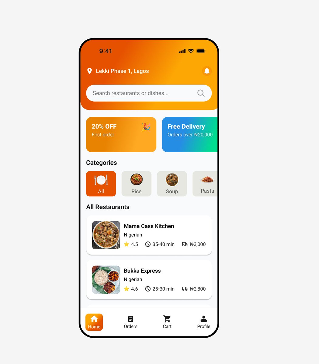 munale_'s tweet photo. Day 04 - Food Delivery Home Screen 
Bringing flavours closer with a warm, easy-to-navigate home screen for a Nigerian food delivery app. Search by restaurants or dishes, explore categories like rice, soup, pasta, etc, and discover top-rated options around you. https://t.co/C0iXOrdEqp