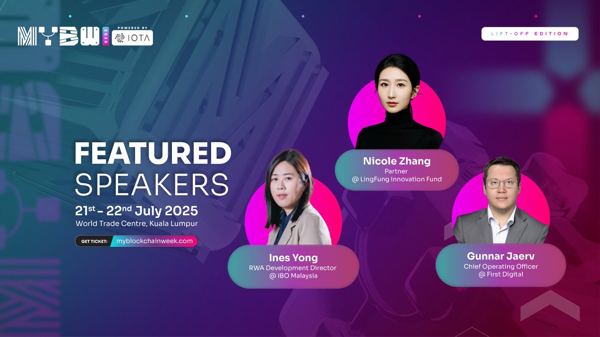 MalaysiaBCW's tweet photo. 📢 Featured Speakers Announcement
Meet three of Web3’s sharpest minds at #MYBW2025:

💡 Ines Yong @inesyongdao, RWA Development Director @IBO_Malaysia
A builder at the intersection of real-world assets and onchain development, Ines crafts scalable frameworks that bridge traditional sectors with blockchain innovation.

👩🏻‍💼 Nicole Zhang @Nicolejqzhang, GP at LIF
Ex-Binance Labs exec who scaled AUM from $40M to $15B. She’s backed 200+ Web3 projects and holds a PhD in Quantum Physics.

🌐 Gunnar Jaerv, COO @FirstDigitalHQ
Angel investor & brand strategist driving measurable growth. With a decade in Web3, he’s helped startups scale both online and offline.

📍Catch them live for Malaysia Blockchain Week 2025 at WTC KL, 21–22 July for #LiftOff