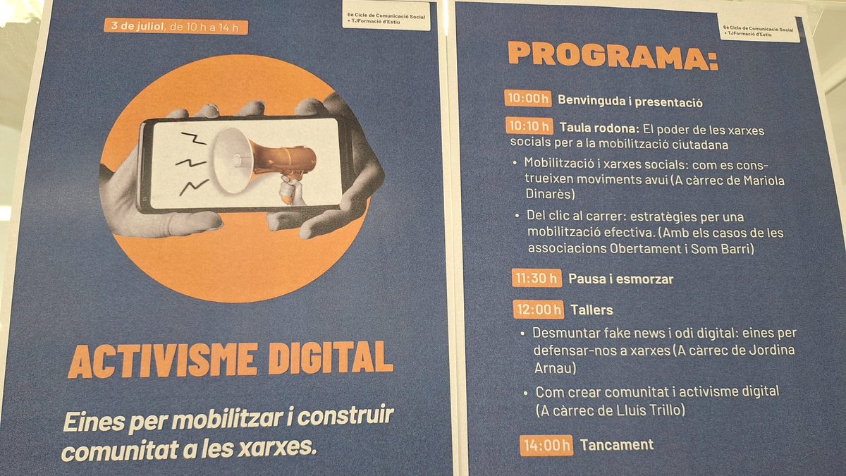 voluntaris.cat (@voluntaris_cat) on Twitter photo 📢 Sobre #comunicació. En marxa la jornada: 'Activisme digital: Eines per mobilitzar i construir comunitat a les xarxes'
🗣️"Periodisme, creativitat i pensament crític són imprescindibles en les xarxes socials", <a href="/HolaMariola/">Mariola Dinarès i Quera</a>
#CicleComunicació #FCVS #TJFormació Torre Jussana 📢 Sobre #comunicació. En marxa la jornada: 'Activisme digital: Eines per mobilitzar i construir comunitat a les xarxes'
🗣️"Periodisme, creativitat i pensament crític són imprescindibles en les xarxes socials", <a href="/HolaMariola/">Mariola Dinarès i Quera</a>
#CicleComunicació #FCVS #TJFormació Torre Jussana