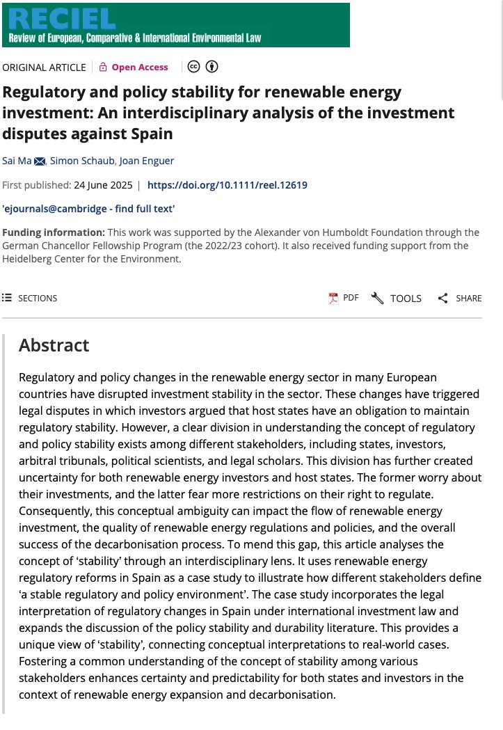 RECIELjournal's tweet image. Can climate policy be stable and flexible?

Sai Ma , Simon Schaub &amp;amp; Joan Enguer unpack Spain’s renewable energy disputes to rethink what ‘regulatory stability’ means for investors, states &amp;amp; decarbonisation.

Available #OpenAccess in @RECIELjournal: doi.org/10.1111/reel.1…