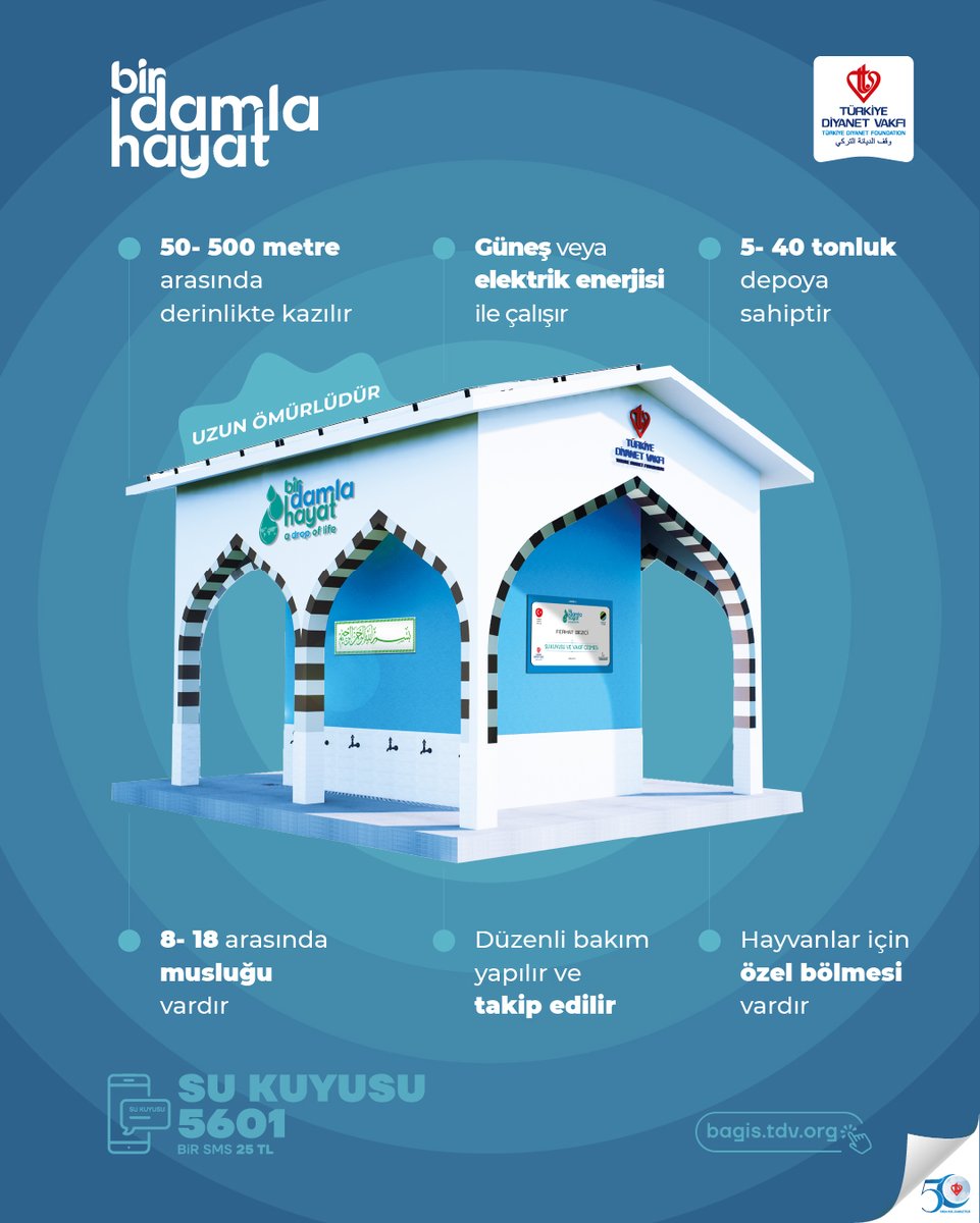 “Bir Damla Hayat” diyerek desteklerinizle açtığımız her su kuyusu ve vakıf çeşmesi; uzun ömürlü, güvenilir ve bereketli bir hayat menbaına dönüşüyor.

#BirDamlaHayat 

🔗tdv.org/tr-TR/su-kuyus…