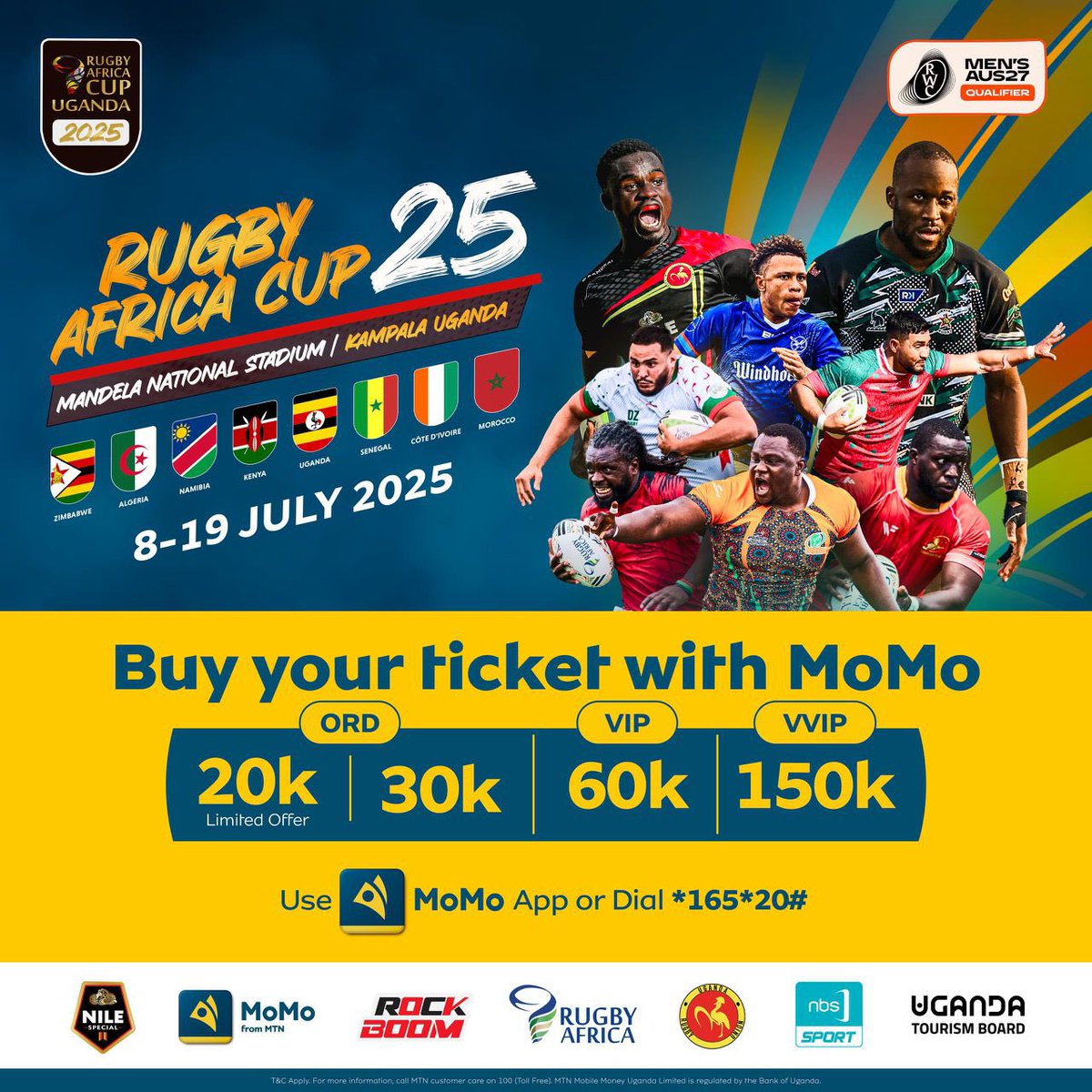 PatraUg1's tweet photo. "Rugby Africa Cup 2025 is coming! 🏉🇺🇬 Catch the action live at Nambole Stadium from July 8th-19th. Grab your early bird tickets on MoMo App or dial  *165*20# 
#BuyTicketsWithMomo #RACUG25" https://t.co/ghE5HYIUT0