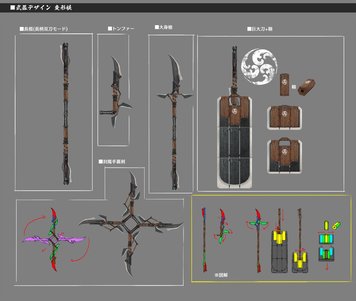playWildHearts's tweet image. Driven by the desire to create a flashy weapon, I designed "Karakuri Staff" at the very end.
Initially, ideas like "Seven Swords" or a "Giant Scythe" were considered, but ultimately, inspired by "Sword Cane." -Producer Hirata
#WildHeartsS