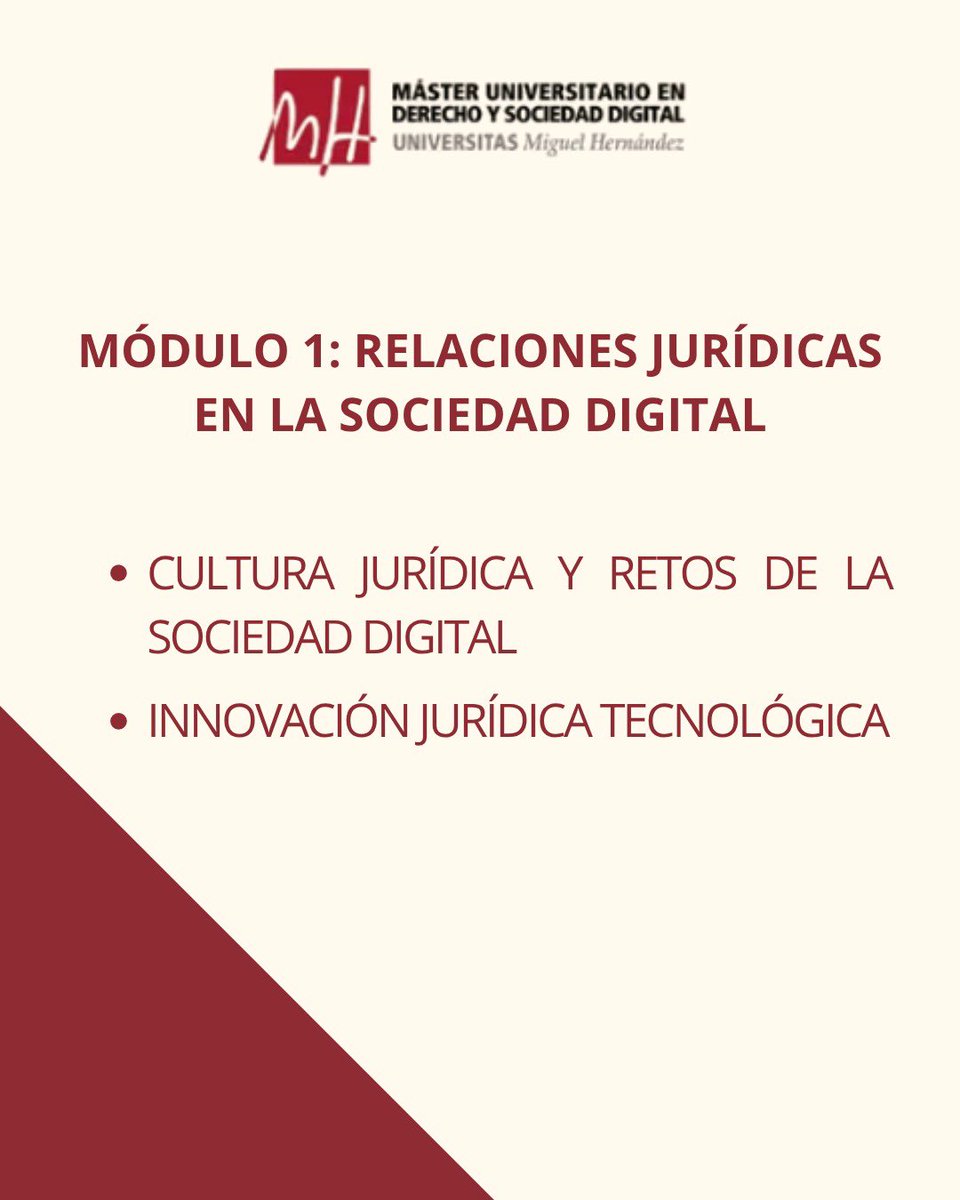 madesod_umh's tweet image. 🟥 El Máster universitario en Derecho y Sociedad Digital ofrece un Plan de Estudios integral, dividido en cuatro módulos (con 10 asignaturas) y la realización del Trabajo de Fin de Máster. ¡¡Descubre las asignaturas!! 👇📚
Más información disponible en: madesod.umh.es