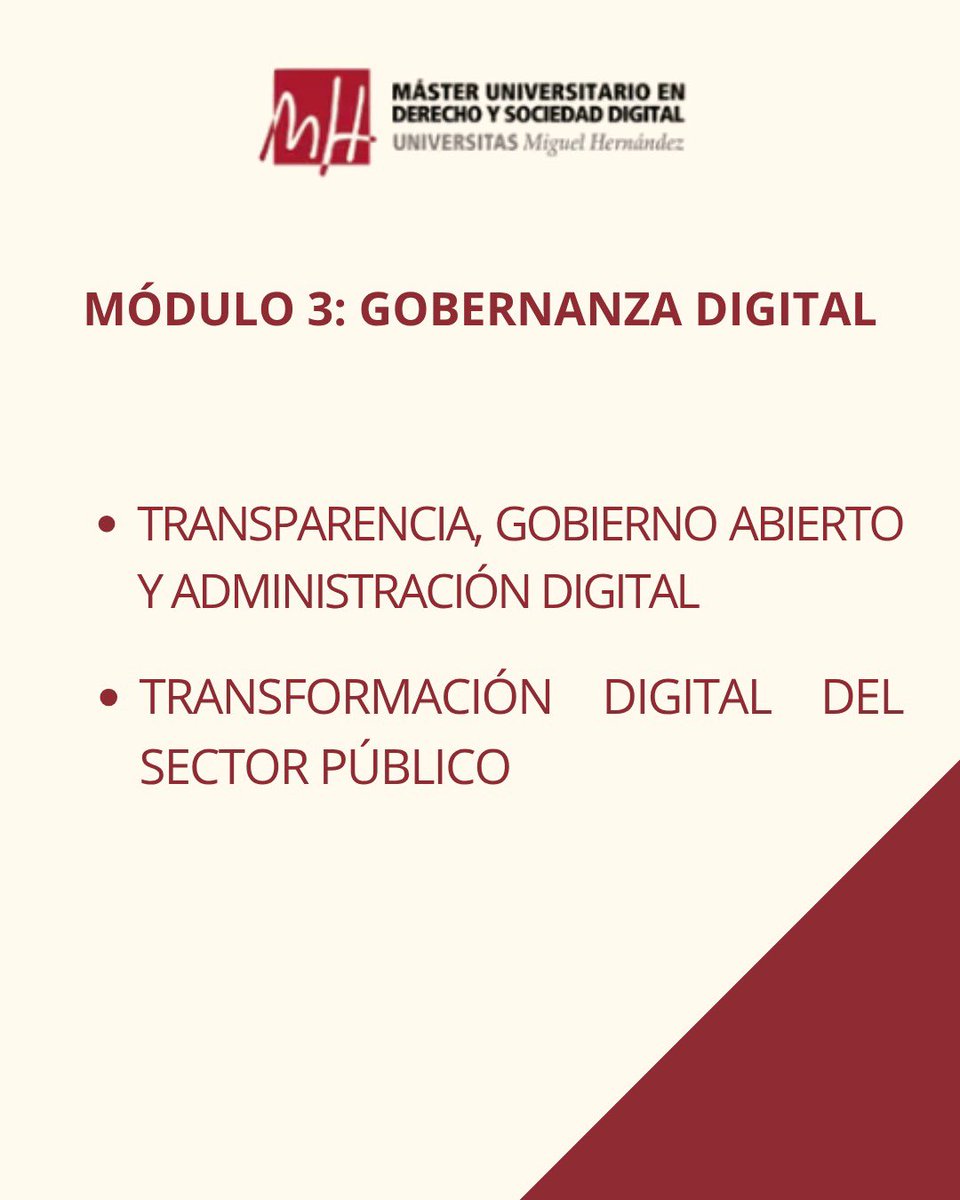 madesod_umh's tweet image. 🟥 El Máster universitario en Derecho y Sociedad Digital ofrece un Plan de Estudios integral, dividido en cuatro módulos (con 10 asignaturas) y la realización del Trabajo de Fin de Máster. ¡¡Descubre las asignaturas!! 👇📚
Más información disponible en: madesod.umh.es