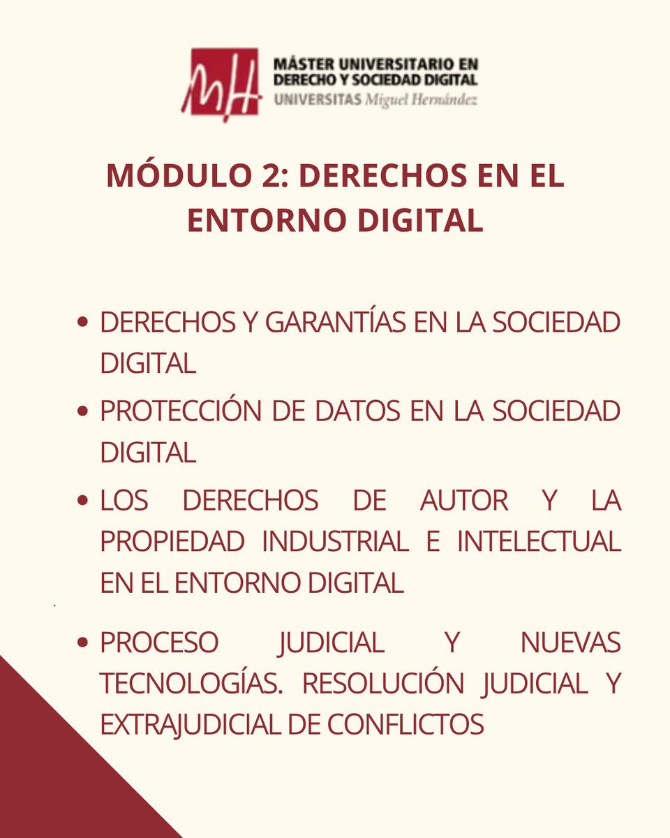 madesod_umh's tweet image. 🟥 El Máster universitario en Derecho y Sociedad Digital ofrece un Plan de Estudios integral, dividido en cuatro módulos (con 10 asignaturas) y la realización del Trabajo de Fin de Máster. ¡¡Descubre las asignaturas!! 👇📚
Más información disponible en: madesod.umh.es