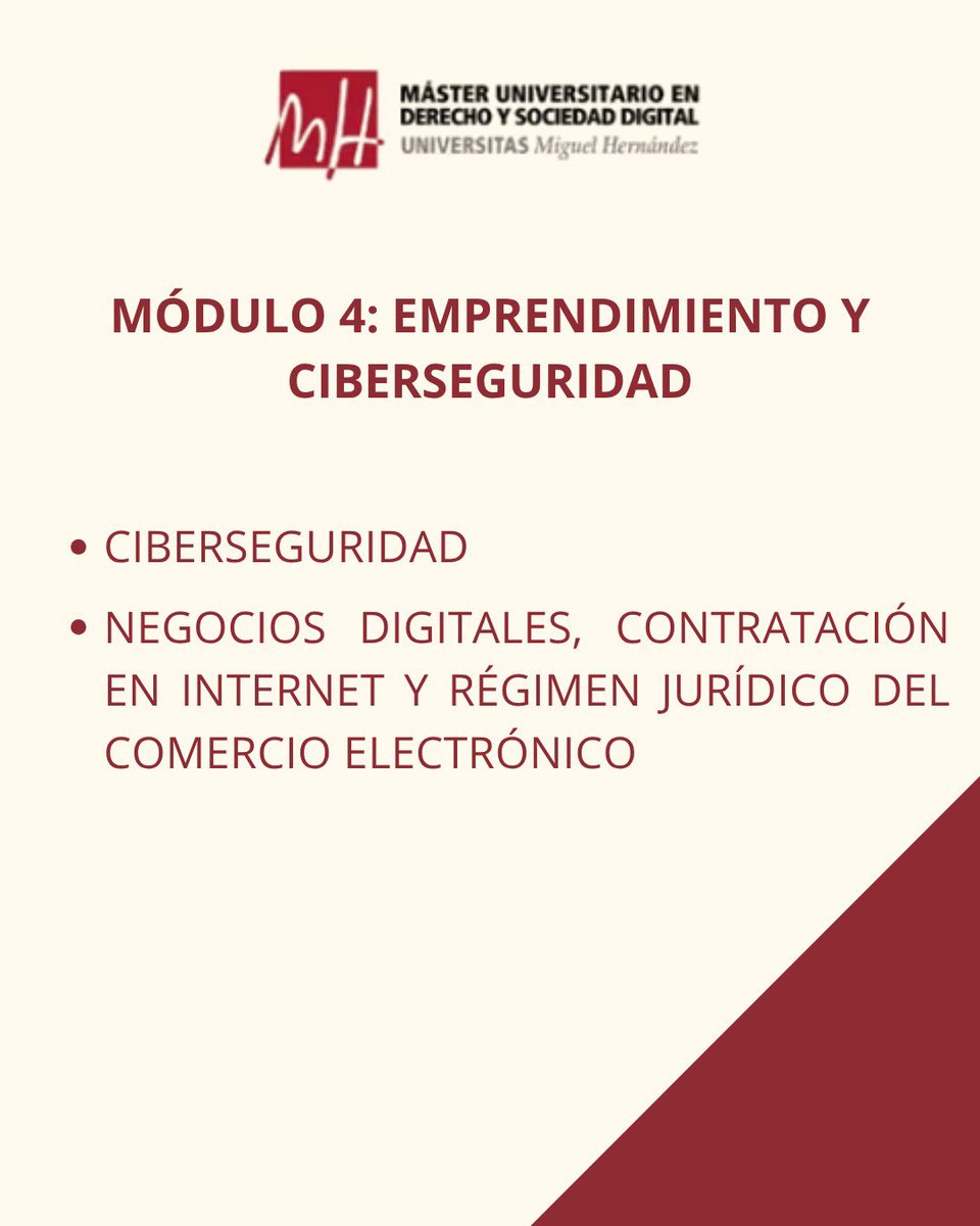 madesod_umh's tweet image. 🟥 El Máster universitario en Derecho y Sociedad Digital ofrece un Plan de Estudios integral, dividido en cuatro módulos (con 10 asignaturas) y la realización del Trabajo de Fin de Máster. ¡¡Descubre las asignaturas!! 👇📚
Más información disponible en: madesod.umh.es