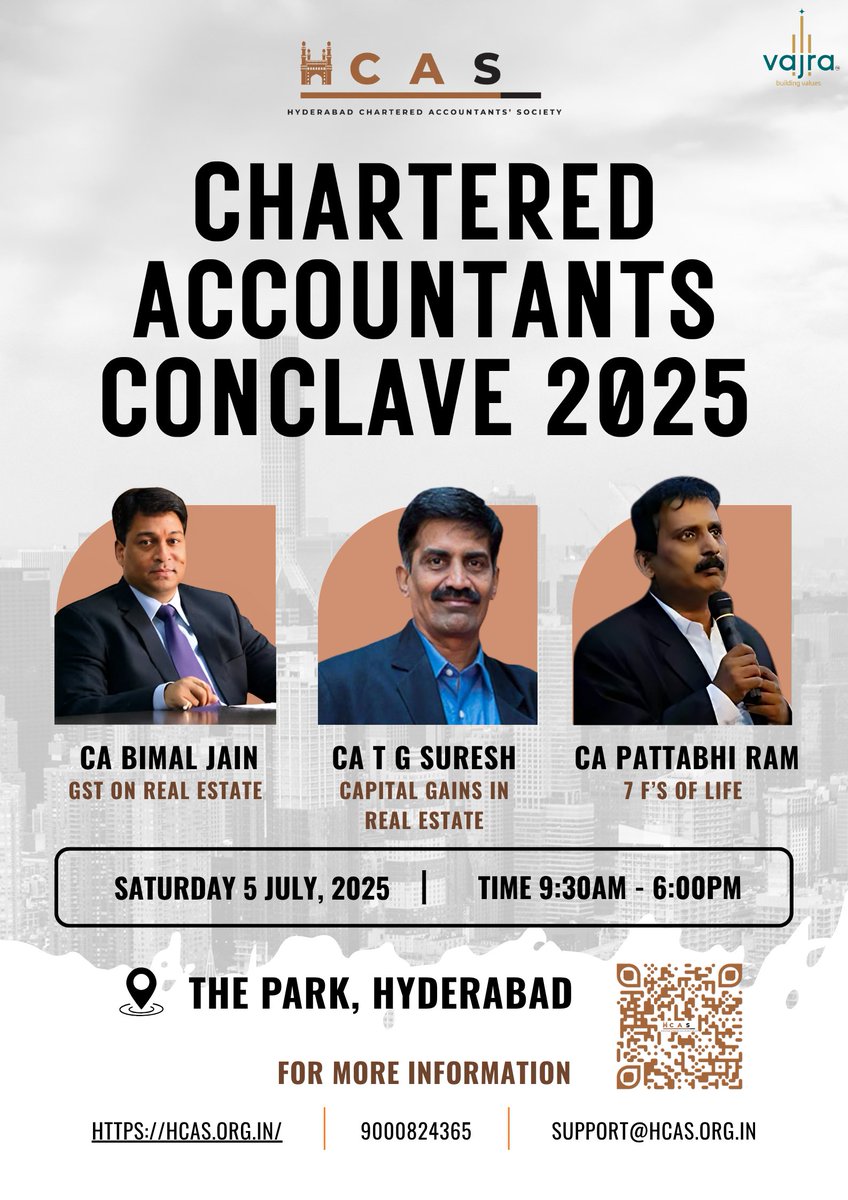 Hyderabadchart2's tweet image. 📢 HCAS Chartered Accountants’ Conclave 2025
Join us for a day that blends technical depth with life insights!
📌 Register at: hcas.org.in/chartered-acco…
📞 9000824365
#HCAS #CAConclave2025 #CharteredAccountants #Finance #Taxation #LifeLessons #Leadership #HyderabadEvents #CAs