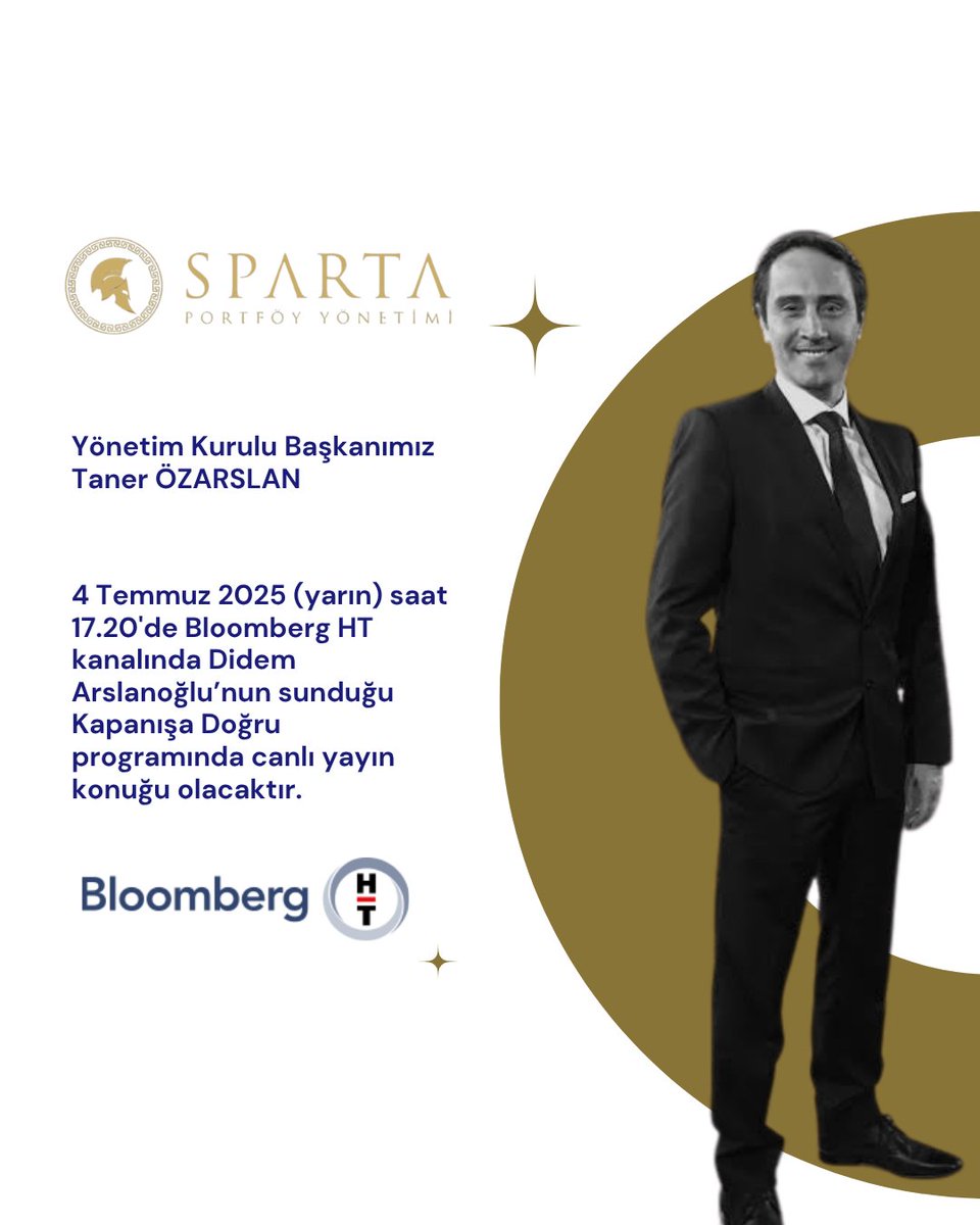 Yönetim Kurulu Başkanımız Taner Özarslan yarın saat 17.20'de Bloomberg HT ekranlarında Didem Arslanoğlu'nun sunduğu "Kapanışa Doğru" programında canlı yayın konuğu olacaktır. Keyifli seyirler!