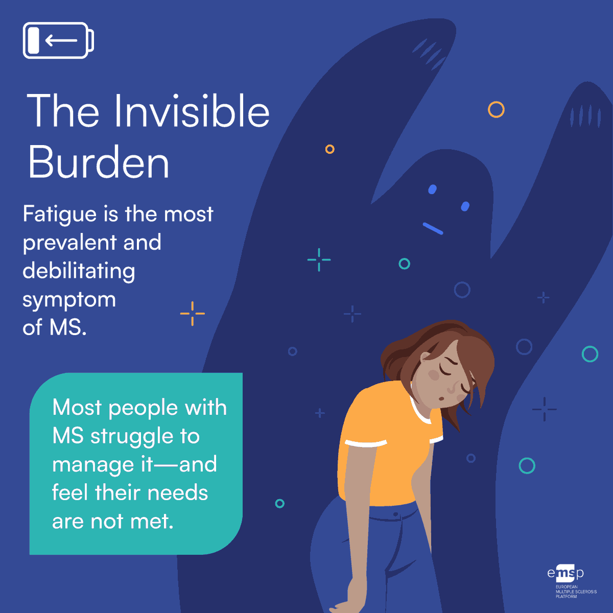 eumsplatform's tweet image. Invisible ≠ insignificant
MS fatigue isn't "just tired" — it's crushing exhaustion that steals independence & quality of life. Brain fog, pain, depression... all real, all unseen
We must recognise #InvisibleSymptoms & support ALL aspects of #MS