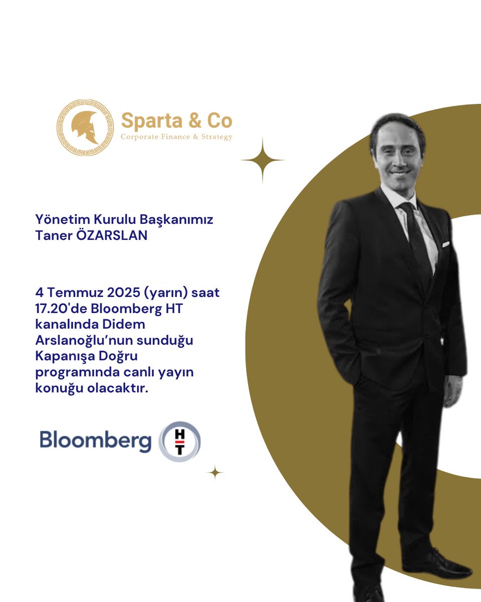 Yönetim Kurulu Başkanımız Taner Özarslan yarın saat 17.20'de Bloomberg HT ekranlarında Didem Arslanoğlu'nun sunduğu "Kapanışa Doğru" programında canlı yayın konuğu olacaktır. Keyifli seyirler!