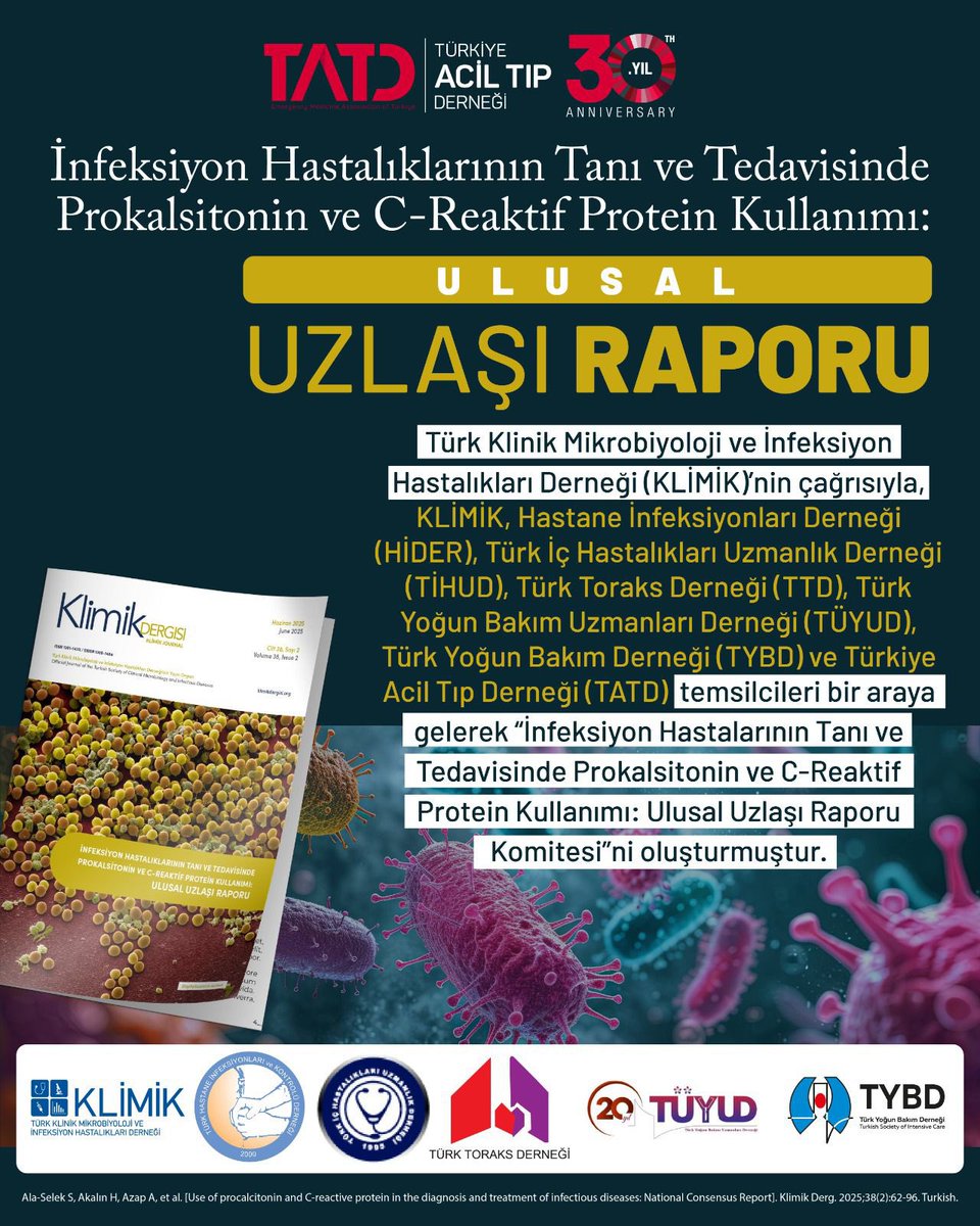 UZLAŞI RAPORU
📌 İnfeksiyon Hastalıklarının Tanı ve Tedavisinde Prokalsitonin ve C-Reaktif Protein Kullanımı: Ulusal Uzlaşı Raporu yayınlanmıştır. 

📌 Türk Klinik Mikrobiyoloji ve İnfeksiyon Hastalıkları Derneği (KLİMİK)’nin çağrısıyla, KLİMİK, Hastane İnfeksiyonları Derneği