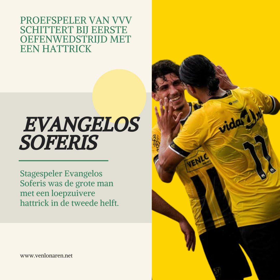 ⚽ | Stagespeler Evangelos Soferis maakt indruk bij VVV!
De aanvaller scoorde een loepzuivere hattrick in de 2e helft van het oefenduel met RKSV Nuenen: 8-0 ✅
Ook testspeler Thomas Reinders maakte zijn debuut.

#VVVVenlo #Soferis #Hattrick #Voorbereiding #OspelVVV #Testspelers