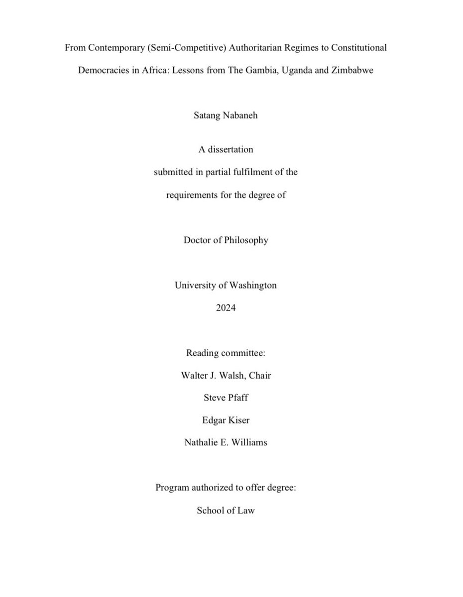 DrSatangNabaneh's tweet image. From Contemporary (Semi-Competitive) Authoritarian Regimes to Constitutional Democracies in Africa: Lessons from The Gambia, Uganda and Zimbabwe
🔗 shorturl.at/DrAm8
#BestDissertation #DemocracyInAfrica #ComparativePolitics #Authoritarianism #TheGambia #Uganda #Zimbabwe