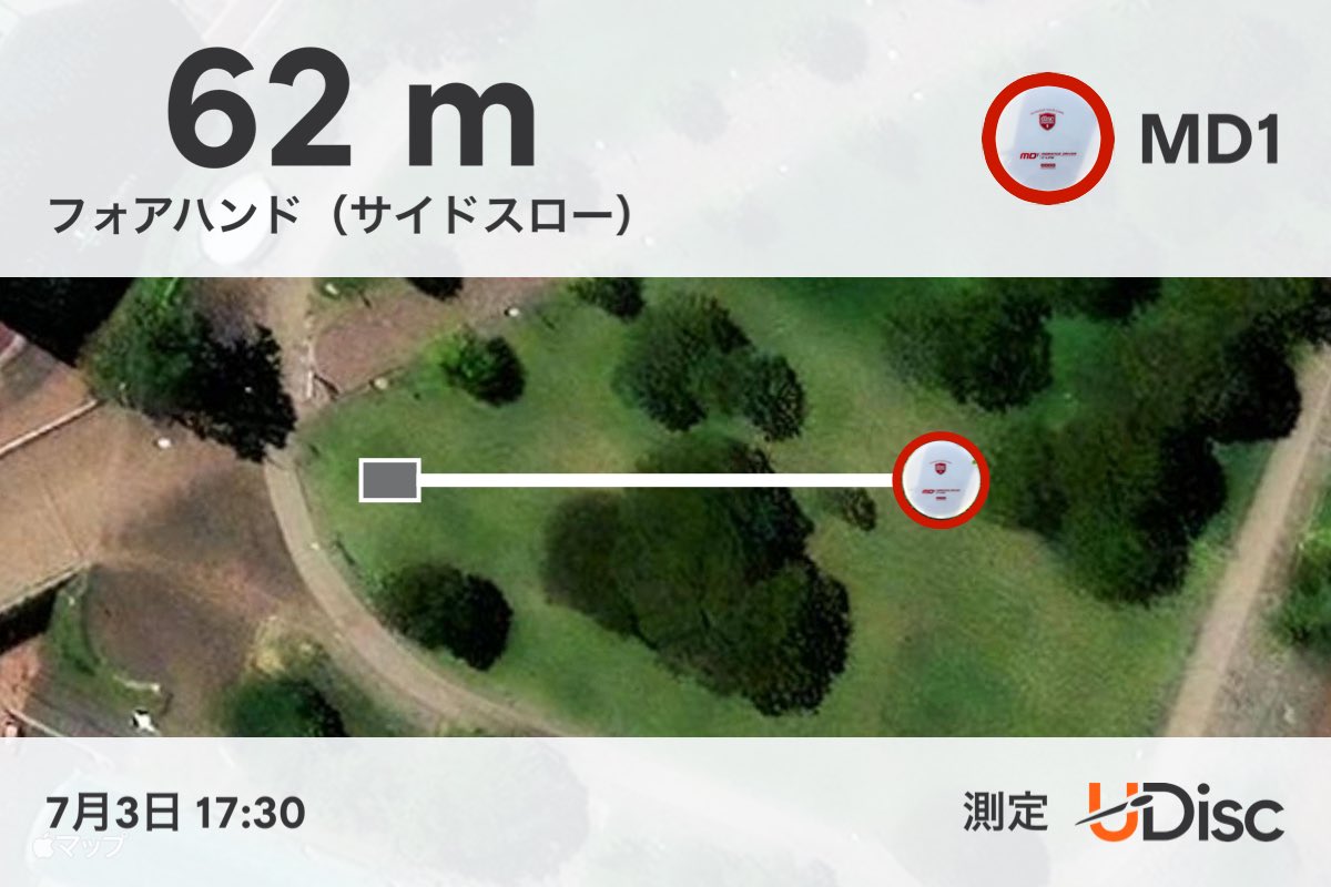 tennkyuu's tweet image. 今日はパター・ミッドのフォア集中特訓。ゴッドのフォームを真似て。ちょっとしっくり来たかもしれない。

I threw a MD1 62 m
Measured with @udiscapp
#udisc #udiscapp