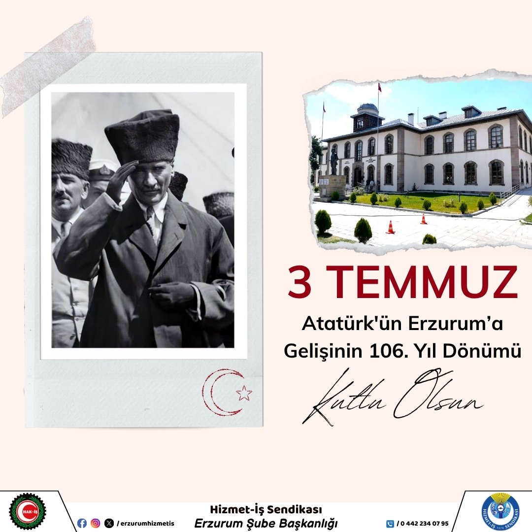 📅 3 Temmuz 1919
Bağımsızlık ve kurtuluş meşalesini yakmak için Erzurum’a gelen Gazi Mustafa Kemal Atatürk ve Millî Mücadele kahramanlarımızı rahmet ve minnetle anıyoruz.
#3Temmuz #MilliMücadele  #Atatürk 
<a href="/ErolAksakal25/">Erol Aksakal</a> <a href="/erz_erdogan/">Erdoğan ÇELİK</a> <a href="/muratbagacl/">murat bağaçlı</a> <a href="/TuvancOguzhan/">Oğuzhan Tuvanç</a> <a href="/EmrullahCengiiz/">EmrullahCengiz</a>