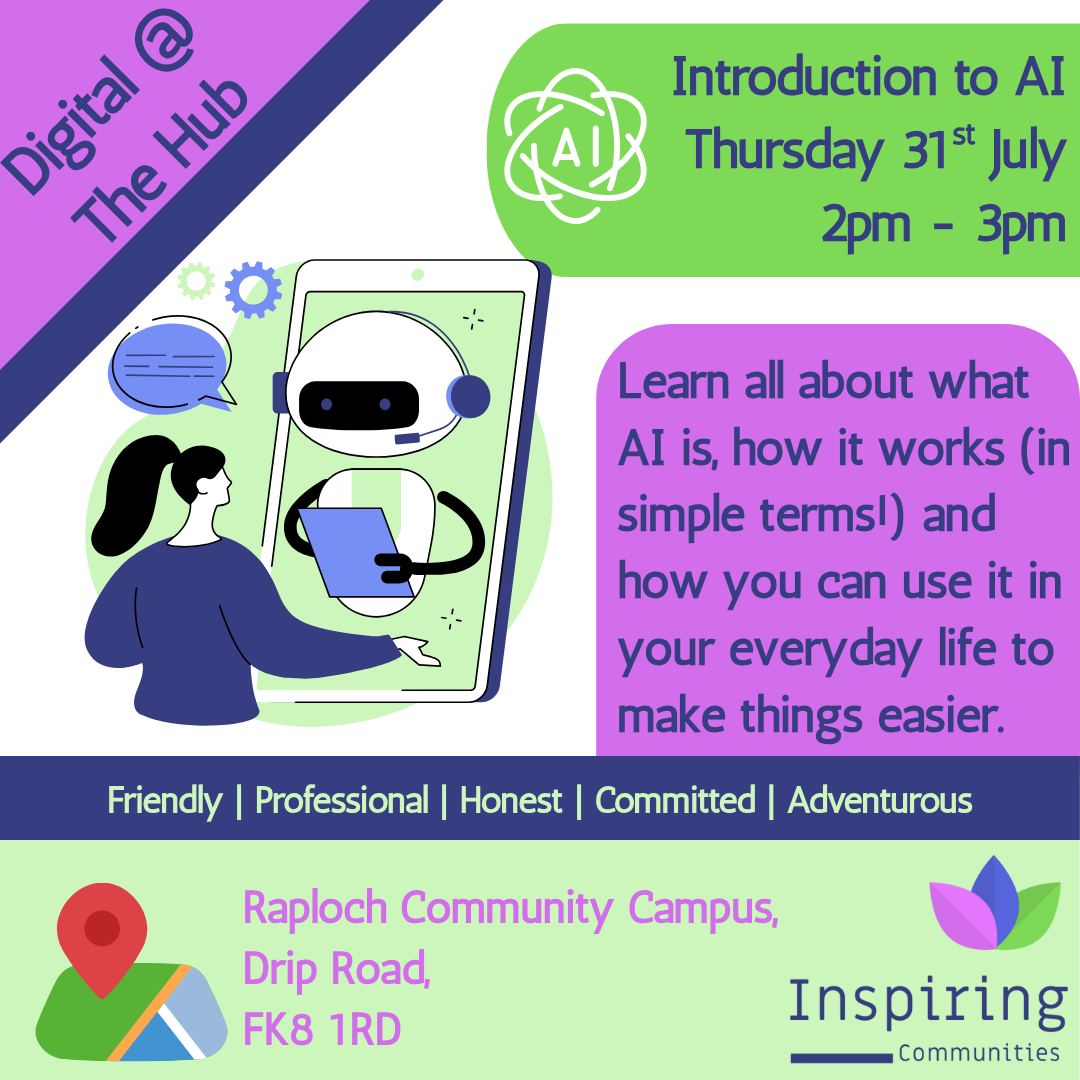 Inspiring Communities SCIO (@inspiring_comms) on Twitter photo 🚀 Interested in AI? Join our Intro to AI session on 31 July, 2-3 PM at Raploch Community Campus. Beginners welcome! Book via PM or contact@inspiringcommunities.org.uk. Discover AI’s impact and get involved! #AI #CommunityEvent #LearnAI 🚀 Interested in AI? Join our Intro to AI session on 31 July, 2-3 PM at Raploch Community Campus. Beginners welcome! Book via PM or contact@inspiringcommunities.org.uk. Discover AI’s impact and get involved! #AI #CommunityEvent #LearnAI