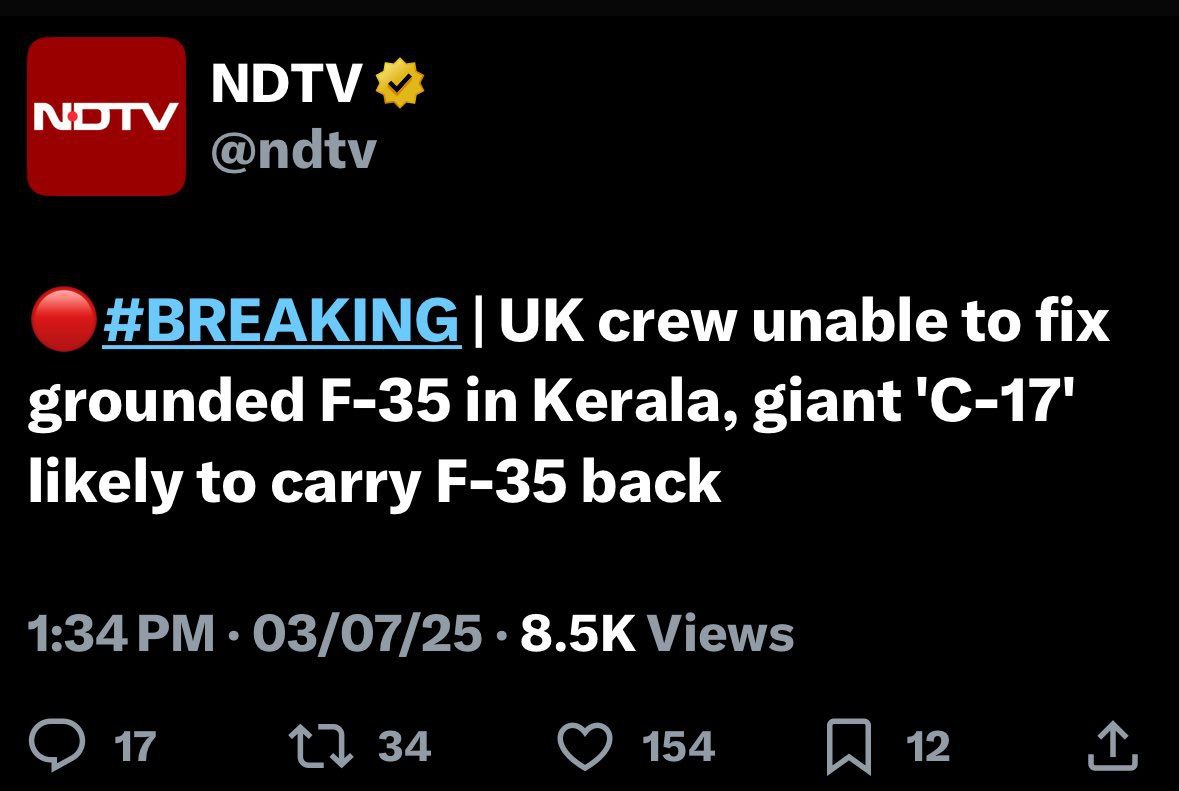 nidhisj2001's tweet photo. 🇬🇧✈️ UK crew flew in to fix the grounded F-35 in Kerala…
Turns out, even stealth tech can’t hide from Indian monsoons and jugaad. 😏
Maybe next time bring a user manual—and a tow truck.
#F35 #UKFail #KeralaLanding #MakeInIndia #MaintainInUK
#DefenceDrama #RoyalAirFarce https://t.co/I5lKEXdTXk