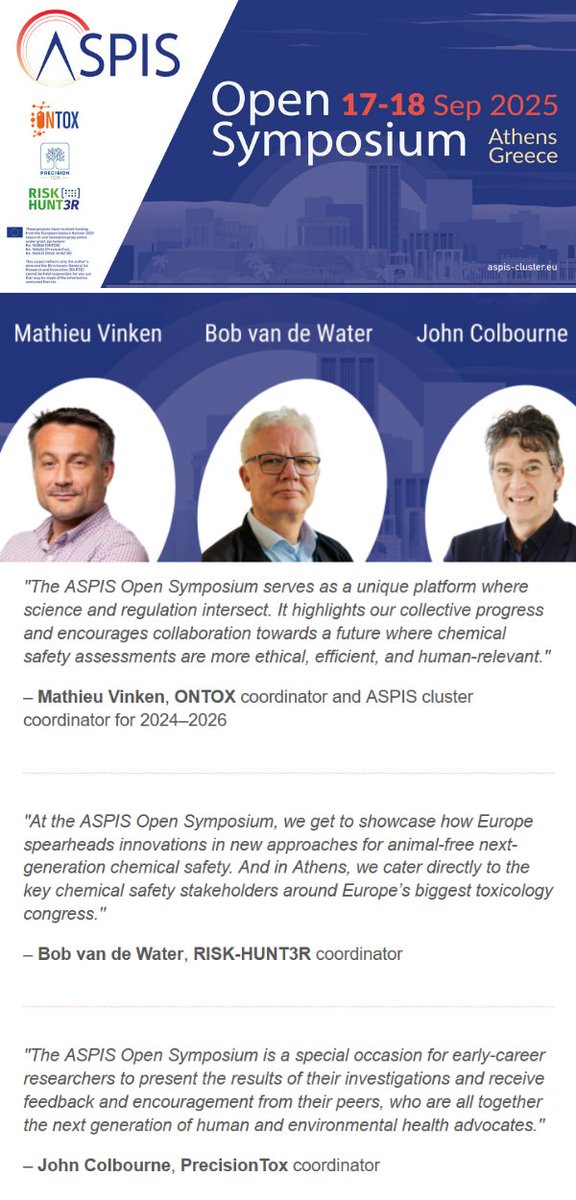 🚨 Hot off the press – check your mailbox! The special #ONTOX newsletter is here – and it’s all about the #ASPIS Open Symposium 2025 🧪

👇See what ASPIS projects' coordinators have to say about this must-attend event!

📍Athens | 17–18 Sept
🔗 Register: aspis-cluster.eu/calendar/event…