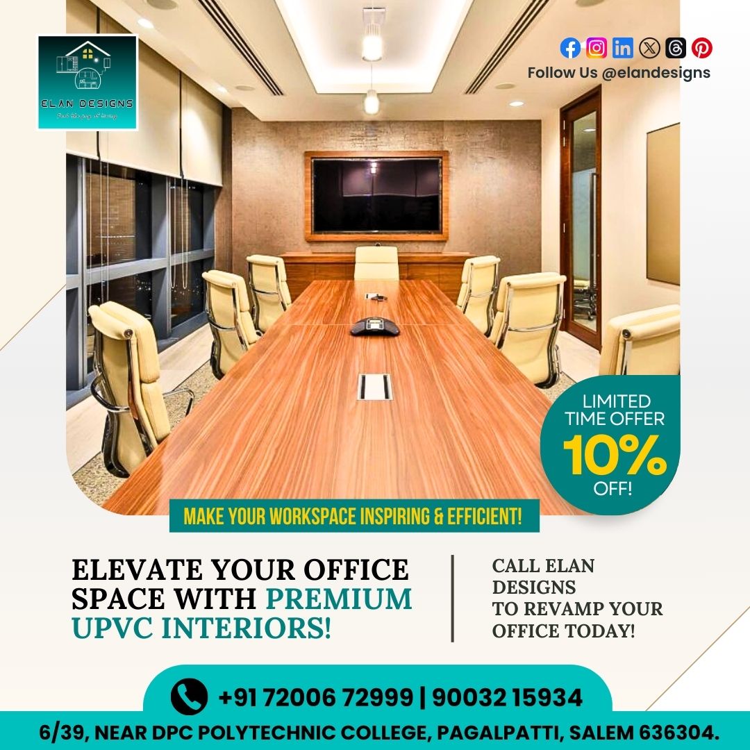 elandesignsslm's tweet image. 🏢 Make your workspace inspiring &amp;amp; efficient with premium UPVC interiors!
🎉 Limited Time: 10% OFF!
📞 Call Elan Designs &amp;amp; revamp your office today!

📞 7200672999 | 9003215934
👉 Follow @elandesignsslm 

#OfficeInteriors #WorkplaceDesign #ProductiveSpaces #UPVCSolutions
