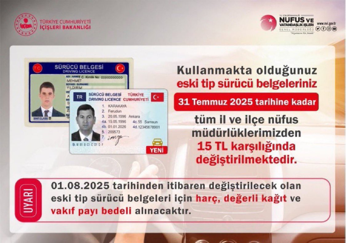 Eski tip sürücü belgesine sahip olan vatandaşlarımızın dikkatine‼️

📢 𝟐𝟎𝟏𝟔 yılı öncesinde düzenlenen sürücü belgelerinin son kullanım tarihi 𝟑𝟏 𝐓𝐞𝐦𝐦𝐮𝐳 𝟐𝟎𝟐𝟓’tir.

Önümüzdeki günlerde nüfus müdürlüklerimizde yaşanacak başvuru yoğunluğundan etkilenmemek için 

📌
