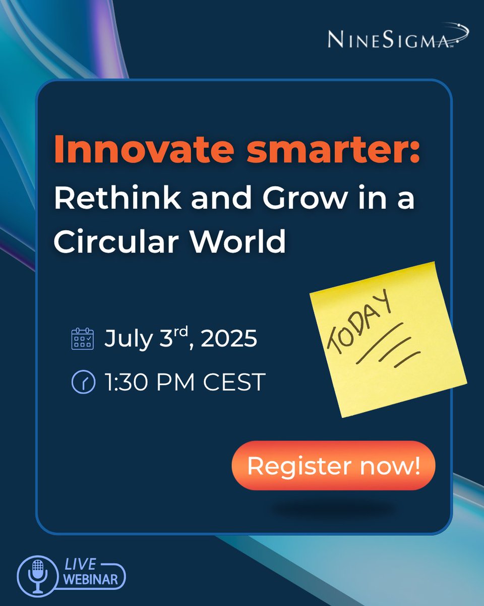 In just 3 hours, we go live!
Don’t miss your chance to learn how leading innovators are turning change into growth using open innovation.

Last chance to register: hubs.li/Q03vLChc0

#Webinar #Innovation #OpenInnovation #CircularEconomy #Technology #Growth #NineSigma