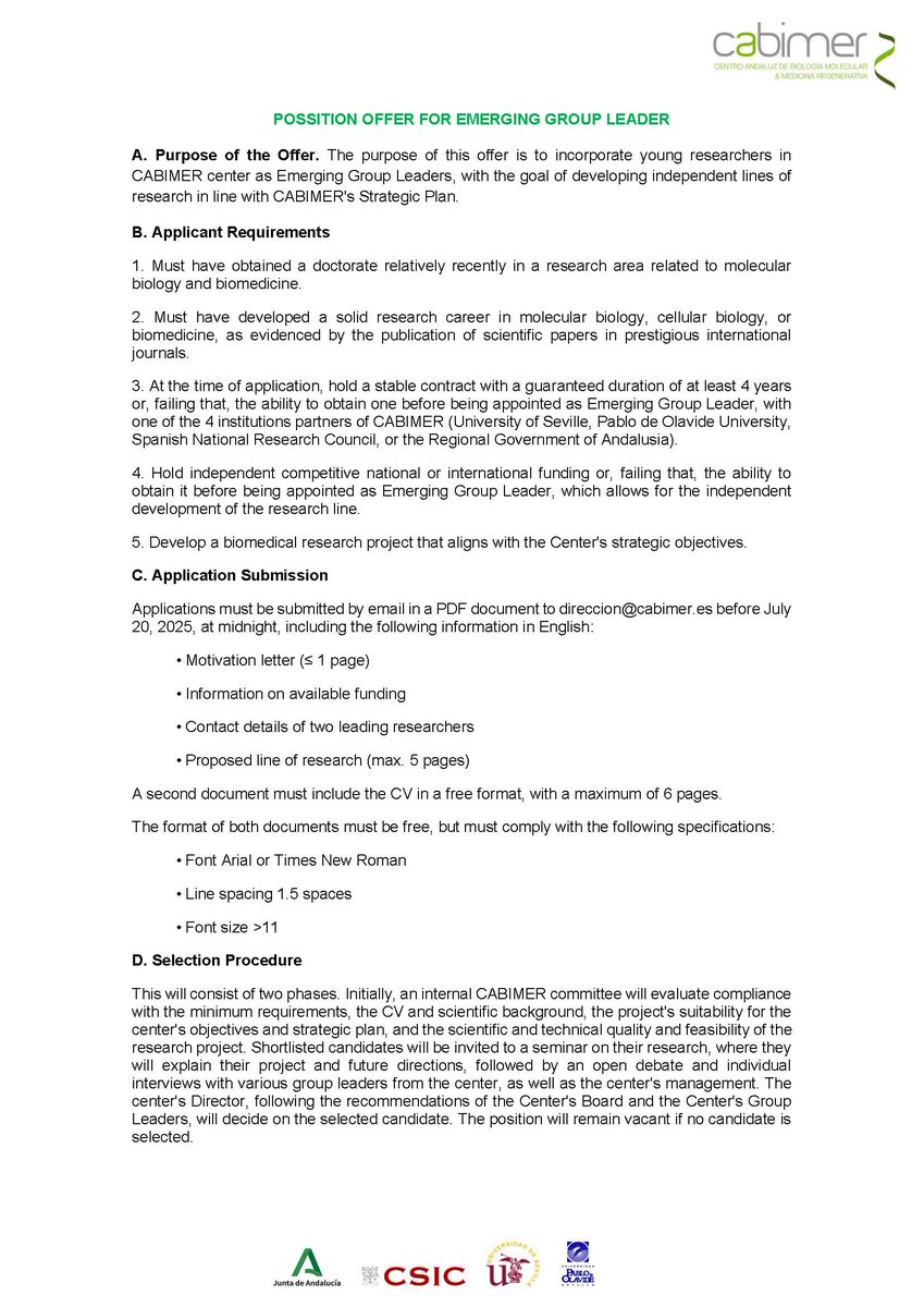 Cabimer (@cabimer) on Twitter photo 📢We're offering a position for Emerging Group Leader at CABIMER.
📩Send your application to direccion@cabimer.es before July 20th at 11:59 PM.
cabimer.es/empleo/ 📢We're offering a position for Emerging Group Leader at CABIMER.
📩Send your application to direccion@cabimer.es before July 20th at 11:59 PM.
cabimer.es/empleo/