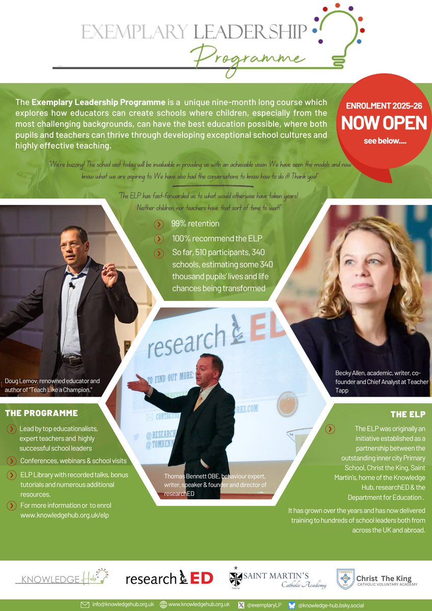 exemplaryLP's tweet image. ELP - Early enrolment closes today - 6pm Thurs 3 July
There's still time to submit your enrolment to us .. but be quick!
Amazing value, with presenters such as @tombennett71 @BarryNSmith79 @alexpethickPKC @Counsell_C @DavidDidau @teacherhead @dylanwiliam
knowledgehub.org.uk/elp