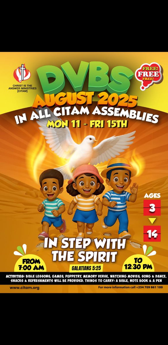 Hello Kericho! it's another season of our annual D.V.B.S and we are looking forward to wonderful moment of ministering to our kids. Don't let your children miss out on this!
#citamkericho
#InStepWithTheSpirit