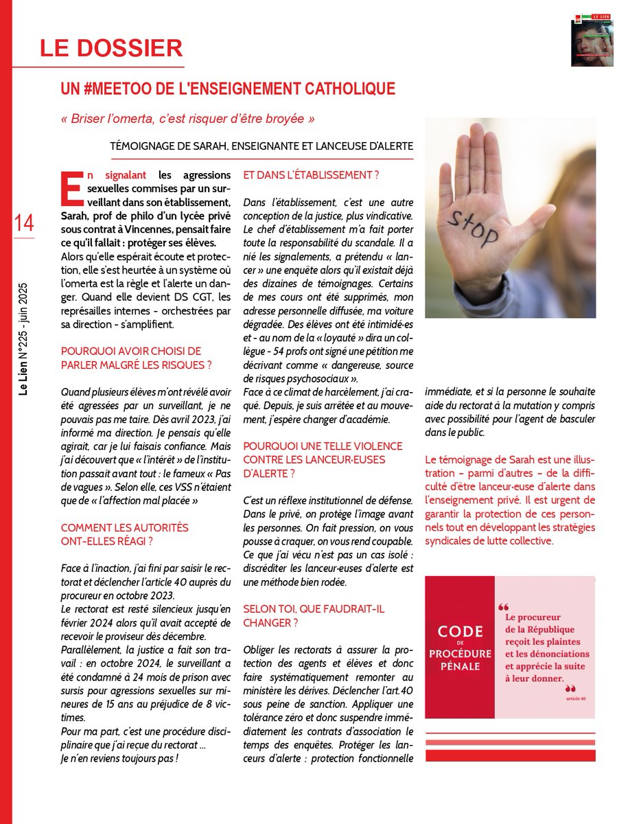Dossier de juin dans le journal "Le Lien" de la FERC : #meetoo dans l'enseignement catholique :